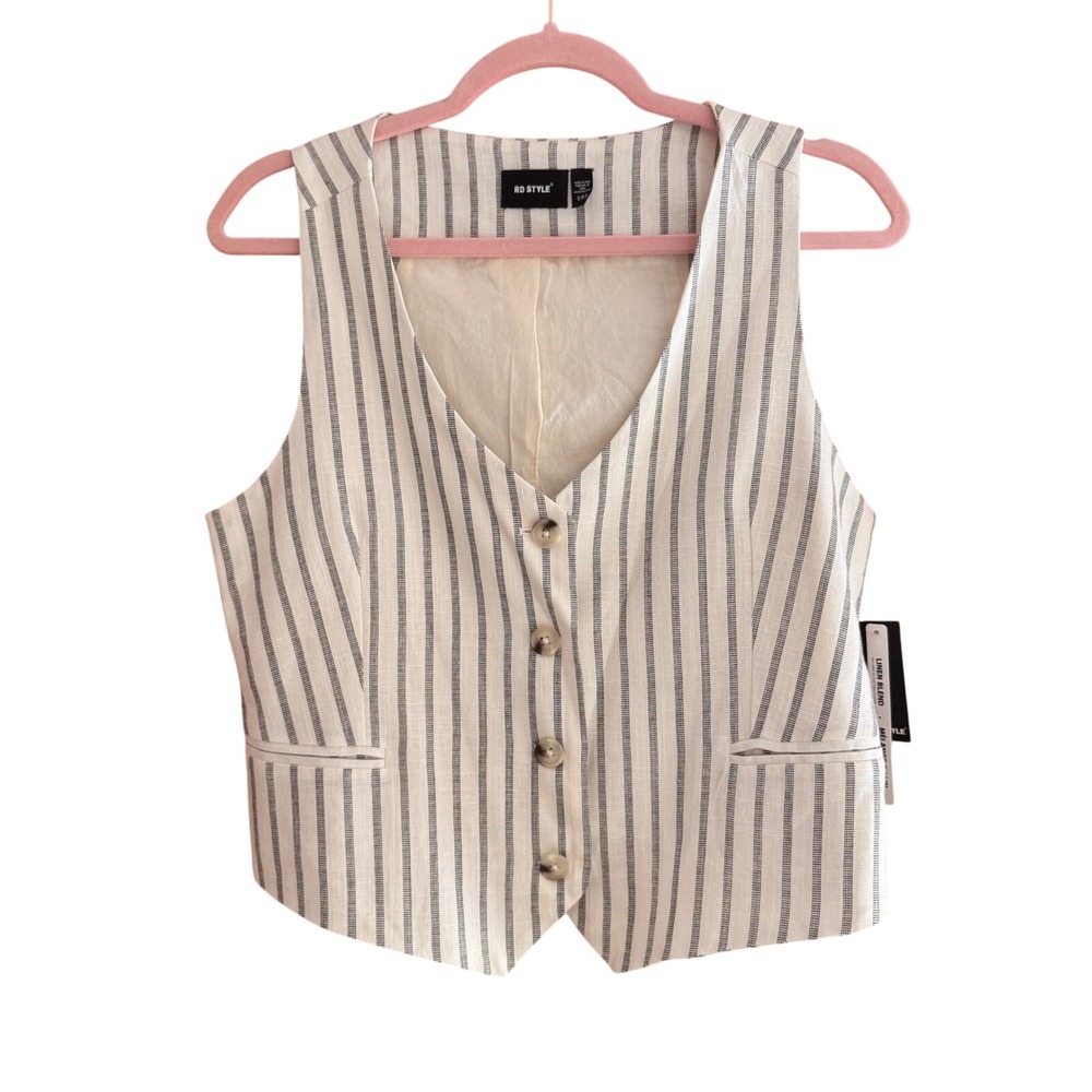RD Style Womens Striped Linen Blend Button Front Vest Waistcoat Cream Navy S NEW